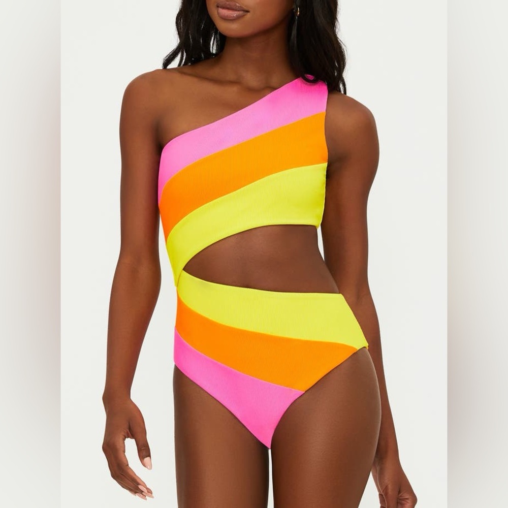 Beach Riot Joyce Stripe Cutout One-Shoulder One-Piece Swimsuit Small NWI